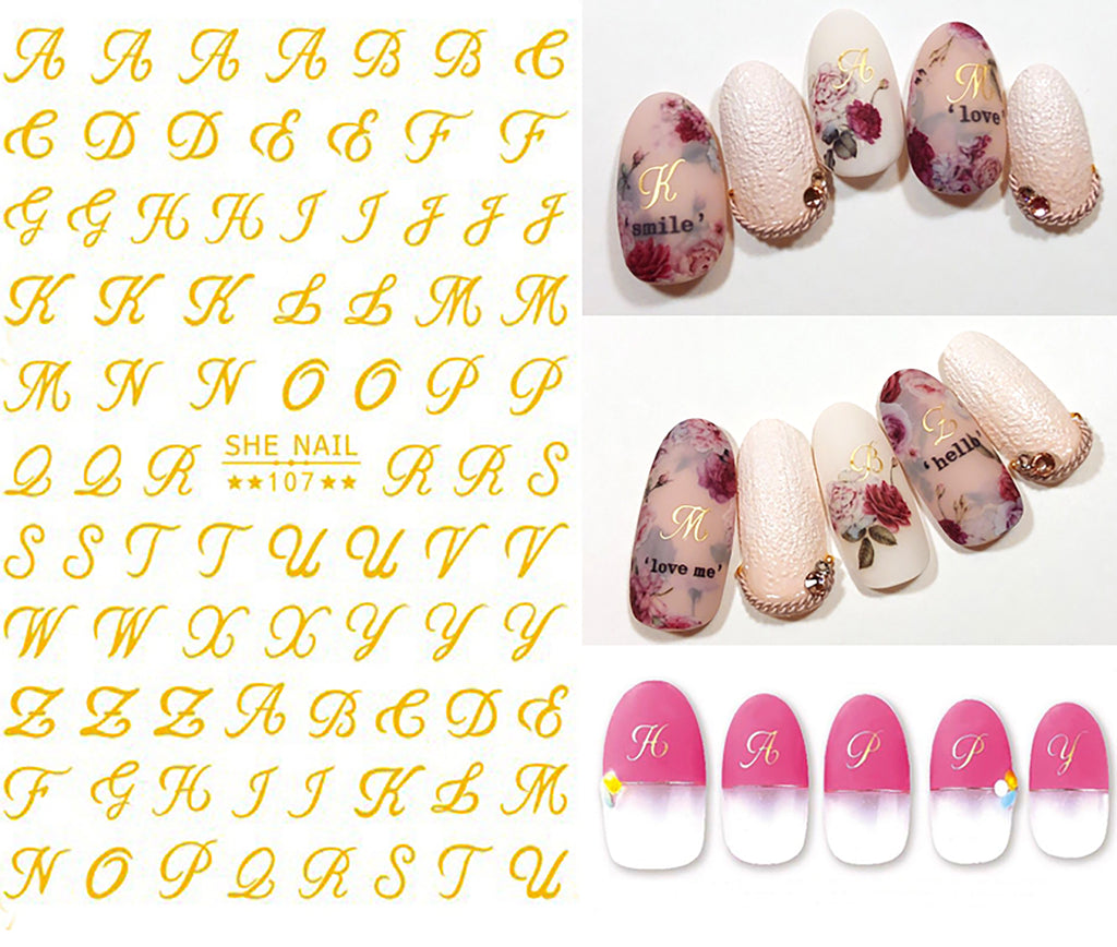 Nail Stickers Calligraphy Cursive Letters Gold SHE-107G