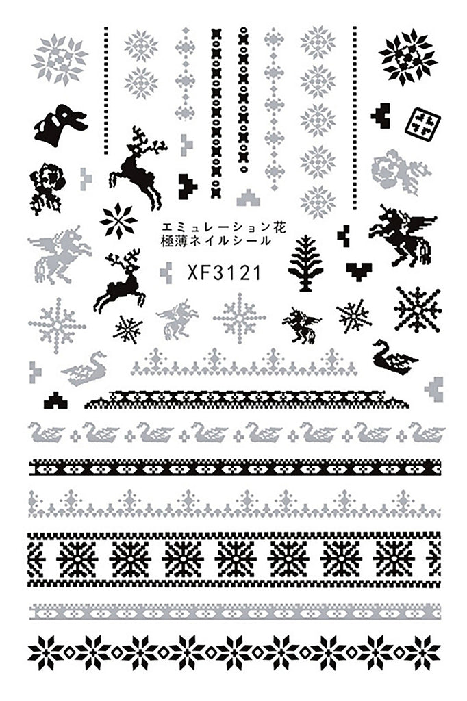 Nail Stickers Christmas Winter Pixel Designs Black Silver XF-3121