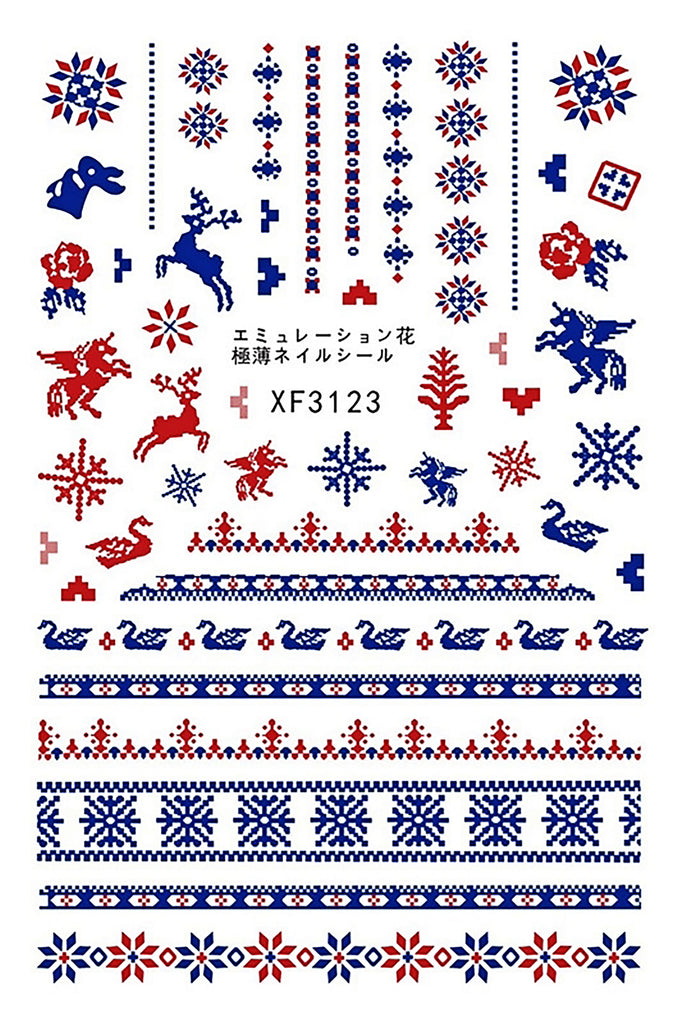 Nail Stickers Christmas Winter Pixel Designs Red Blue XF-3123